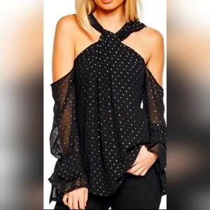 Bardot Boho Black Glitzy Polka Dots Top W/Wrist Ties, Sz. L. 10